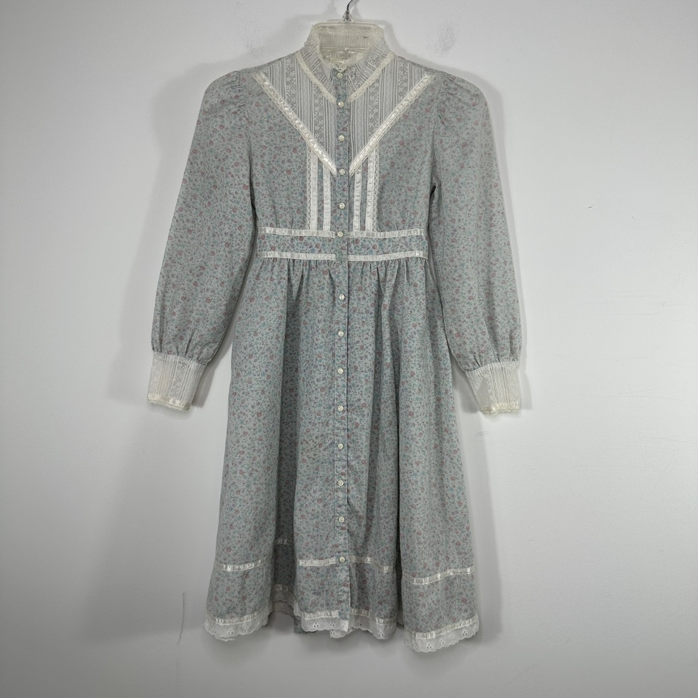 Gunne Sax By Jessica Girls Prairie Dress Blue Pink Ruffle Tie Back Juniors